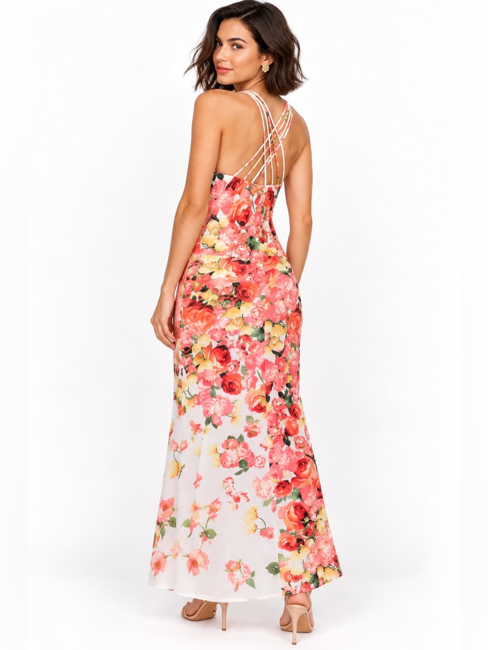 Cache Vintage Y2K Floral Halter Cross Back Maxi Dress Rhinestone M - Picture 2 of 9